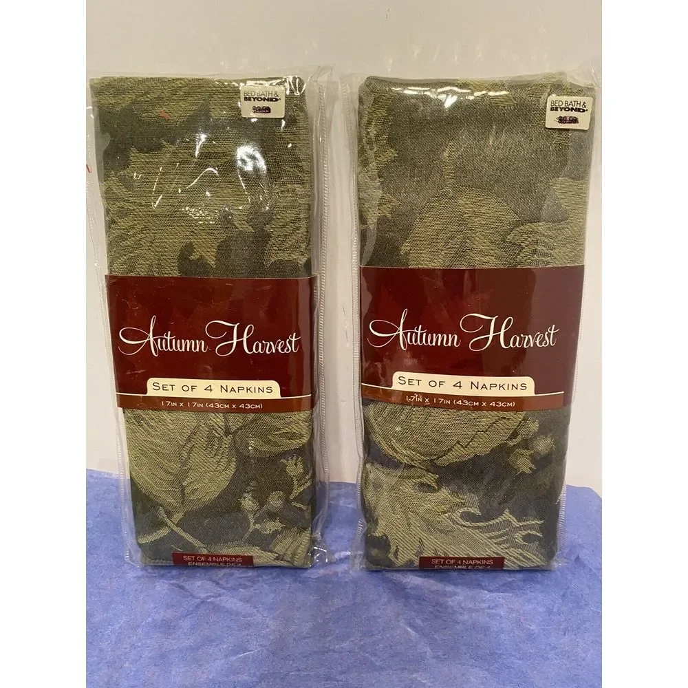 Bed Bath & Beyond Autumn Harvest Damask Green Fall Napkins 2 Pks Of 4Pc Set-New.